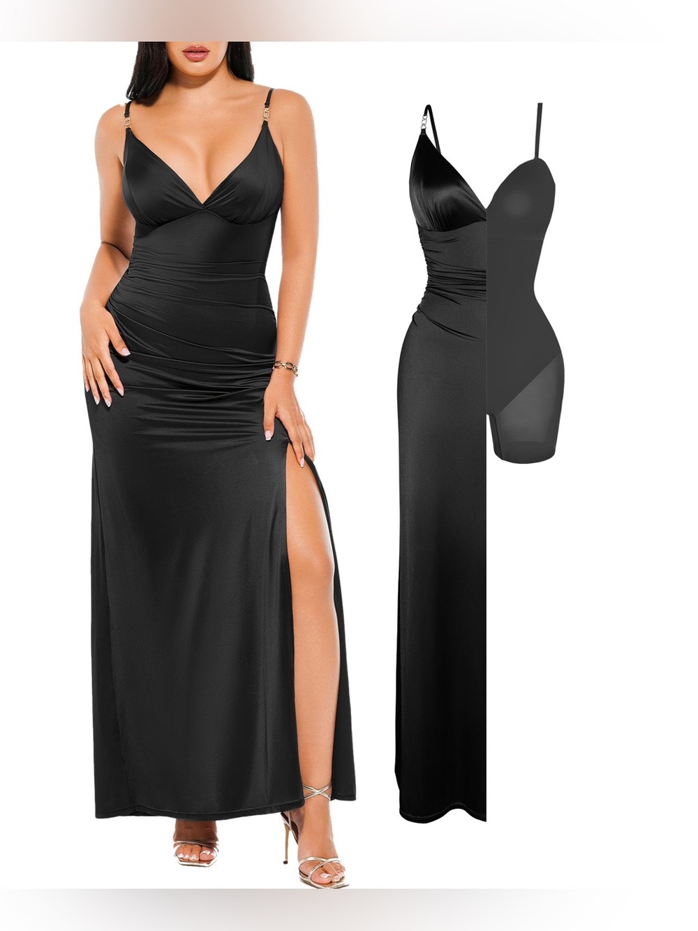 Popilush Women's Sexy Maxi Dress Deep V Neck Ruched Shapewear Dresses Side Slit